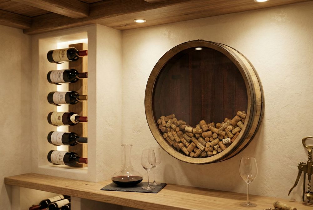 Collecteur à bouchons mural en tonneau chêne massif – Cadre barrique avec vitre